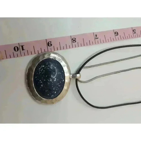 Chicos Silvertone Blue Pendant Patina Necklace Dual Chain - Picture 5 of 6